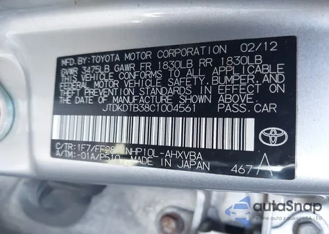 2012 Toyota Prius C Two from USA, damaged, VIN JTDKDTB38C1004561